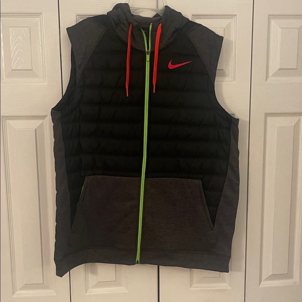 Nike Black and Gray Vest with Red Logo and Green Zipper